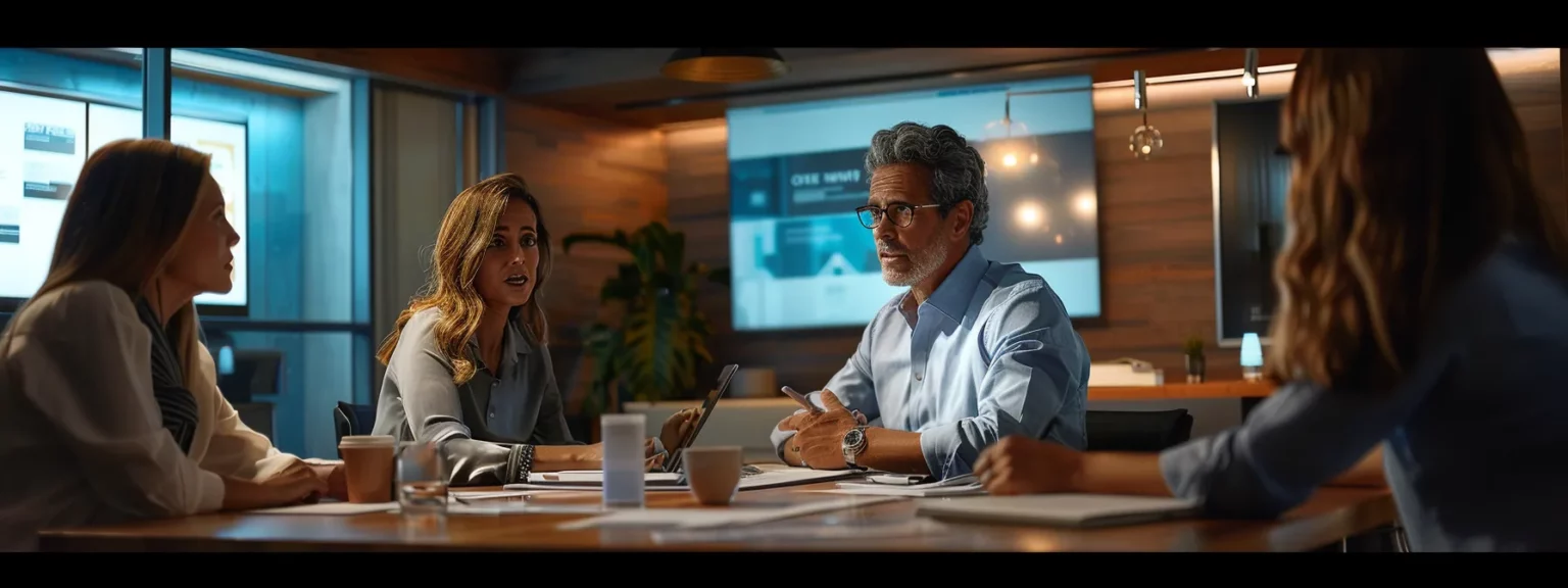 a group of people in a meeting room discussing franchise growth strategy.