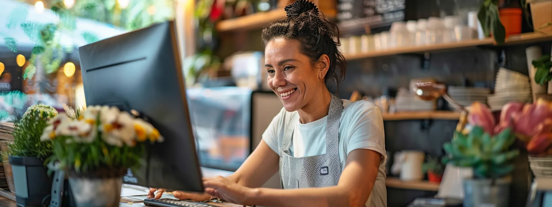 a business owner interacting with customers and managing online reviews on a computer screen.