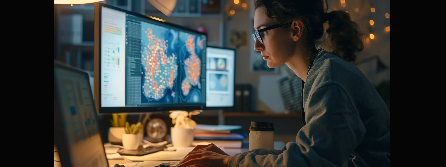 a person carefully crafting responses on a computer screen, surrounded by notes and feedback data.