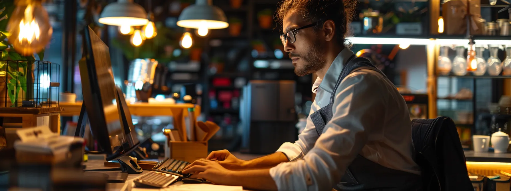 an employee using a computer to automate review solicitation across multiple franchise locations.