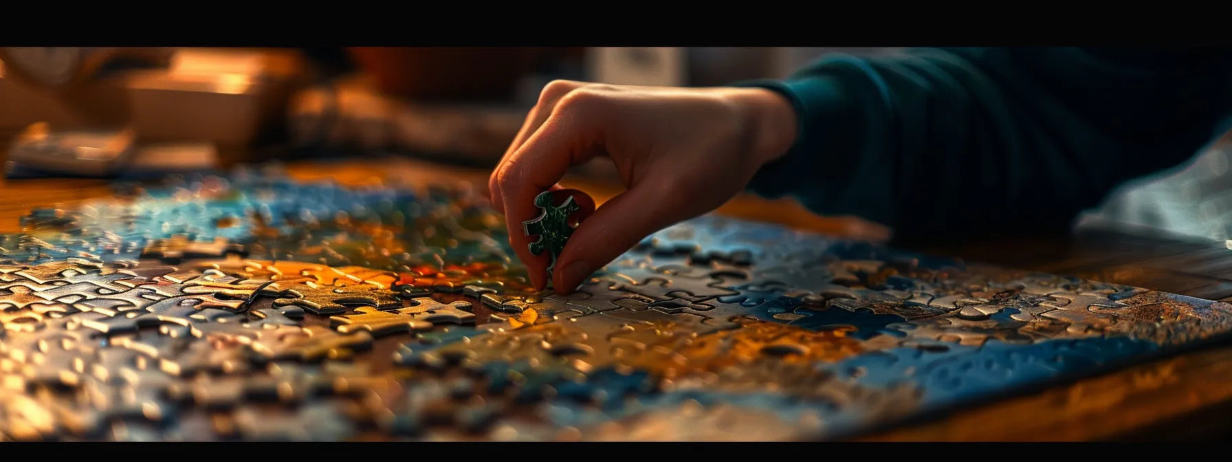 a person carefully selecting and arranging different pieces of a puzzle.