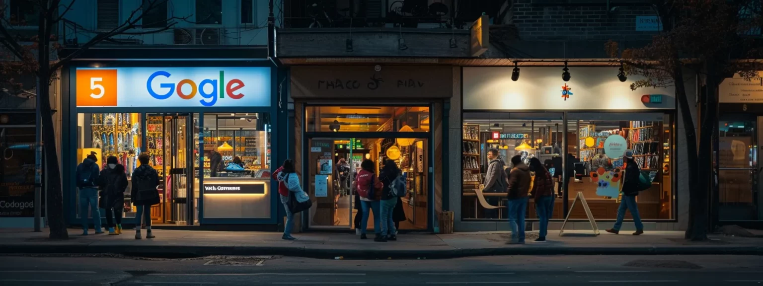 a busy storefront with a large google my business sign prominently displayed.