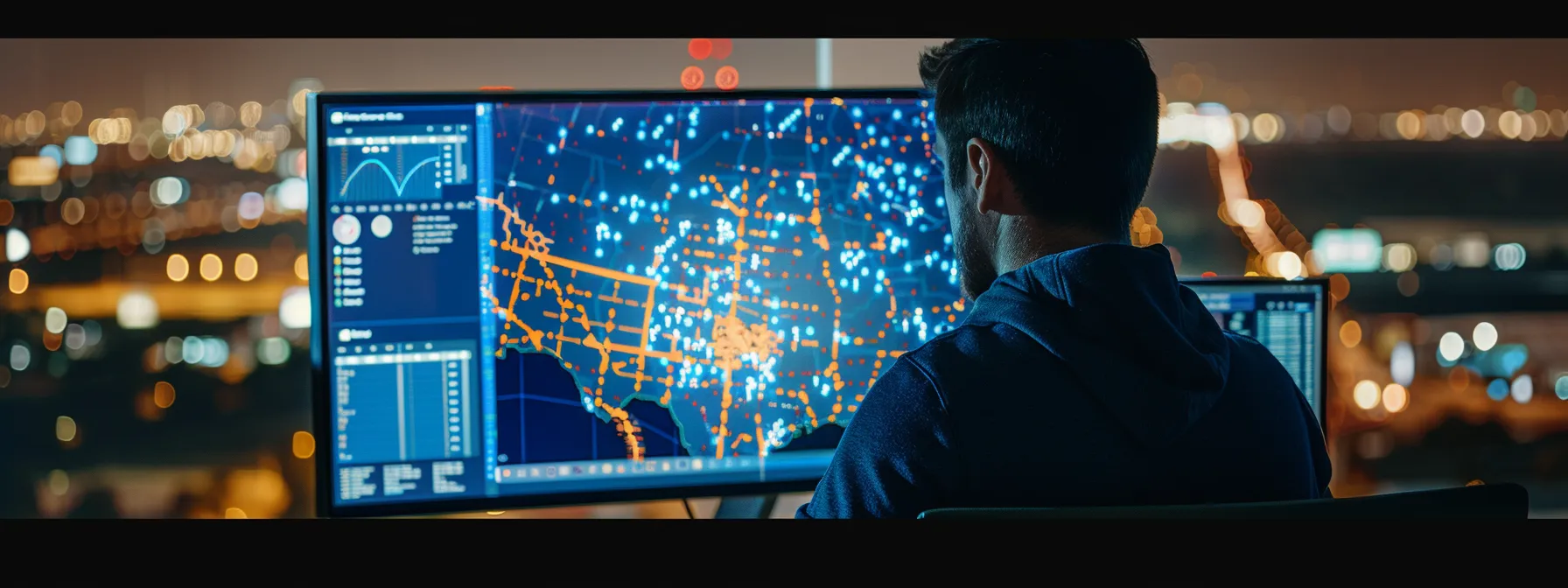 a person analyzing data on a computer screen with a map of dallas locations in the background.