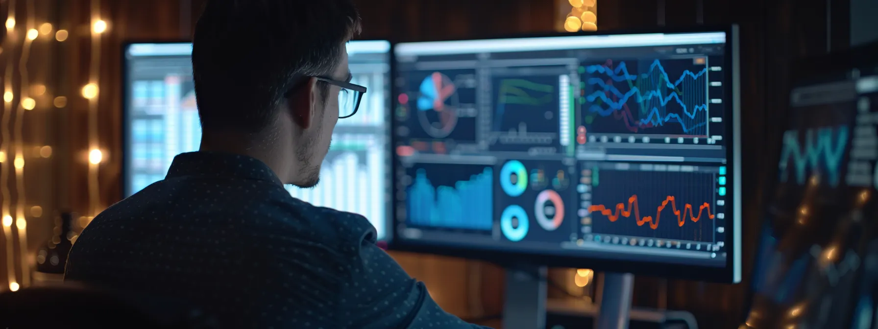 a person looking at a computer screen filled with graphs and charts analyzing review data for business decisions.