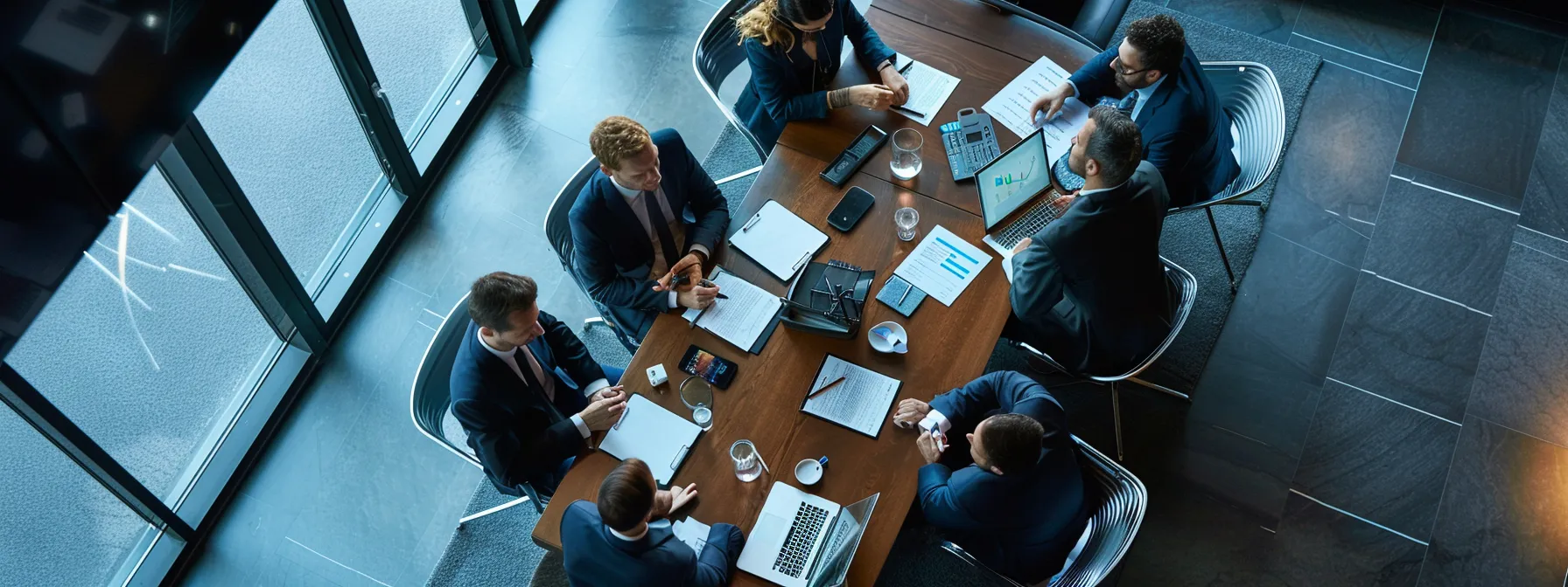 a group of franchise representatives studying a detailed review management strategy on a large digital screen.