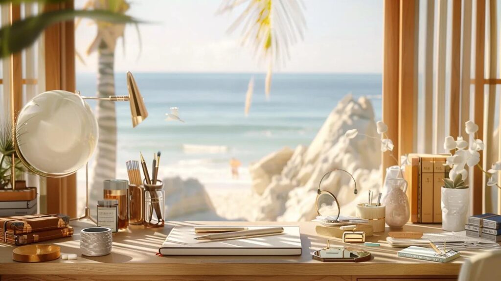 a a beautifully arranged workspace f 363f22ee a638 4cd2 989e 7b133e190671.webp a beautifully arranged workspace featuring premium stationery and elegant fountain pens, set against a softly colored coastal-themed backdrop, radiating warmth and creativity, perfect for inspiring personal expression in marketing solutions.