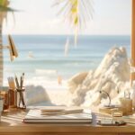 a beautifully arranged workspace featuring premium stationery and elegant fountain pens, set against a softly colored coastal-themed backdrop, radiating warmth and creativity, perfect for inspiring personal expression in marketing solutions.