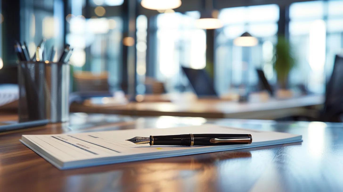 a brightly lit, modern office space featuring elegant premium stationery and sophisticated fountain pens artfully arranged on a sleek walnut desk, inviting a sense of creativity and innovation as a strategic marketing meeting unfolds in the background.