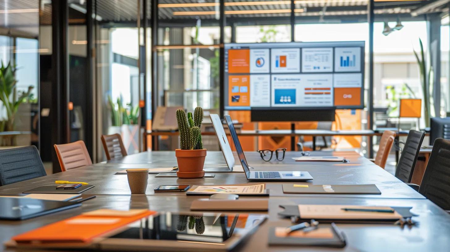 a dynamic office space showcases small business marketing strategies in action, featuring vibrant presentations on digital screens and sleek stationery arranged thoughtfully on a modern desk, emphasizing tailored messaging and the integration of ai technologies to engage local audiences.