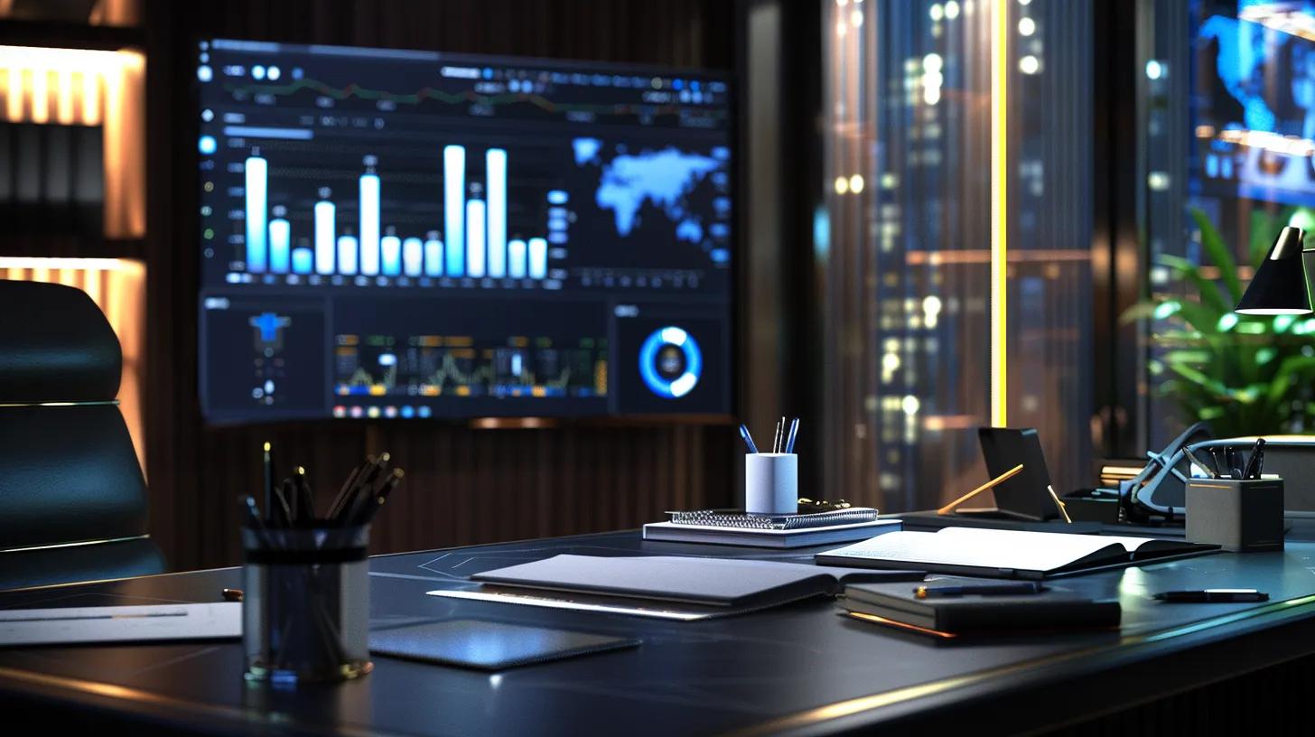 a modern office workspace featuring a sleek desk adorned with premium stationery and a fountain pen, while a large screen in the background displays dynamic analytics charts illustrating the impact of data-driven marketing solutions on revenue growth.