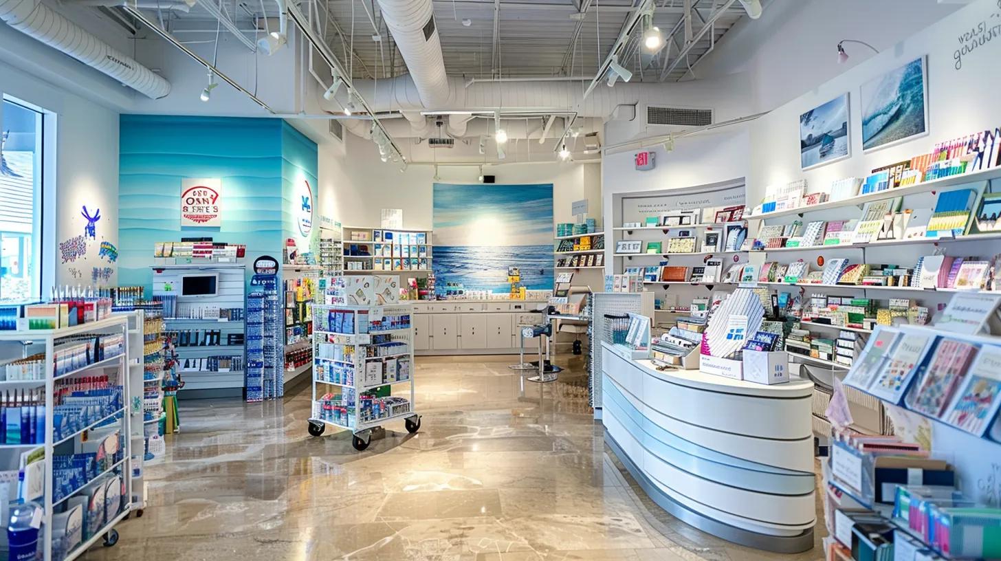 a vibrant coastal-themed stationery shop interior showcases an array of premium stationery and fountain pens elegantly arranged against a backdrop of light, inviting colors, with personalized email marketing materials and local artwork subtly integrated into the decor.