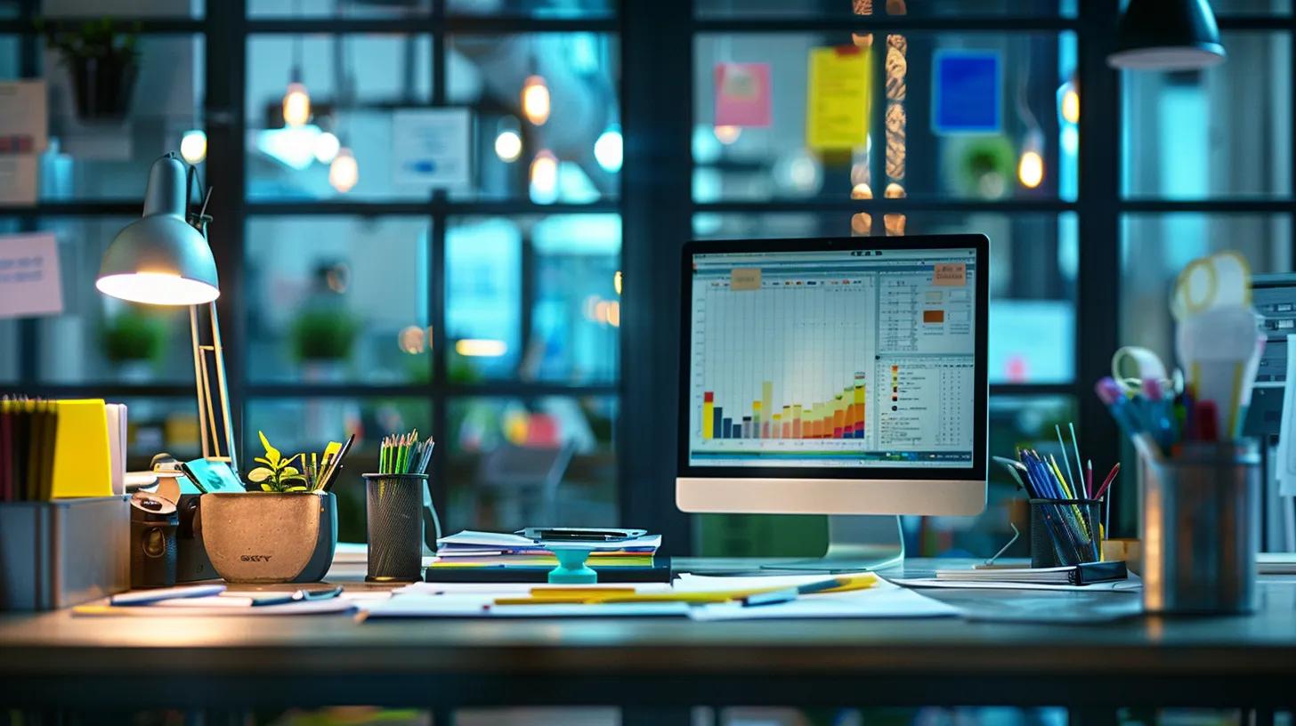 a vibrant office setting showcases a stylish workspace featuring premium stationery and fountain pens, seamlessly integrated with digital marketing analytics displayed on sleek screens, illustrating the fusion of creativity and technology in strategic marketing solutions.