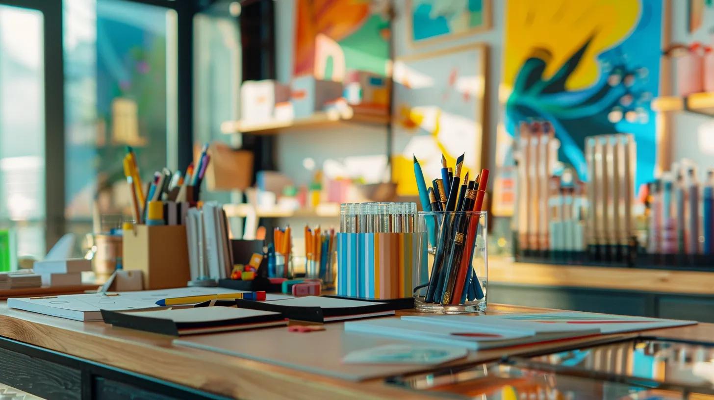 a vibrant office setting showcases a beautifully arranged display of premium coastal-inspired stationery and elegant fountain pens, inviting the viewer into a warm, artistic atmosphere that highlights personalized marketing solutions for niche audiences.