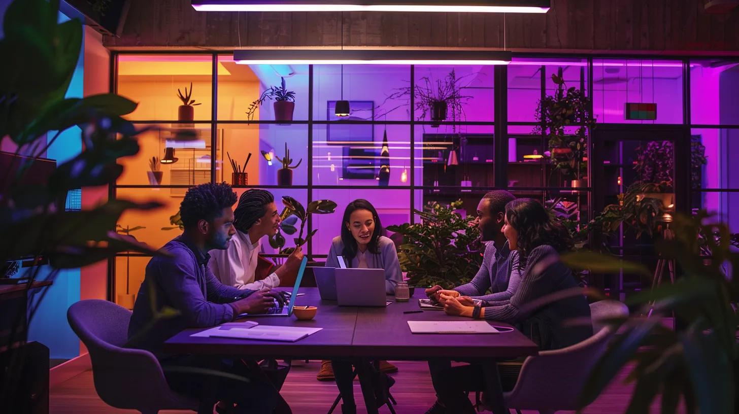 a vibrant urban office space filled with premium stationery, sleek fountain pens, and creative supplies, showcasing a collaborative team engaging in a brainstorming session around a stylish conference table, illuminated by warm, ambient lighting that fosters innovation and connection.