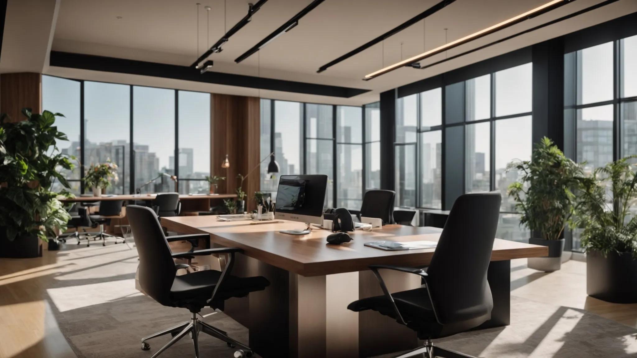 a vibrant office environment featuring a sleek conference table adorned with elegant stationery and an array of premium fountain pens, emphasizing a collaborative atmosphere where innovative marketing strategies and data-driven insights come to life.